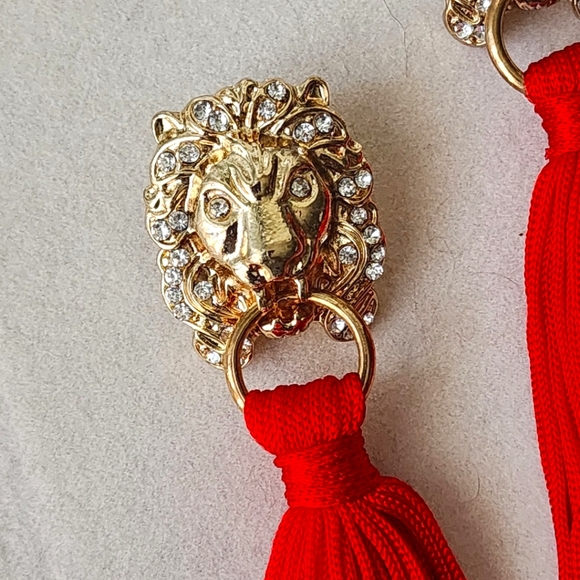 Lux Gold Lion Face Earrings with Red Tassel - Picture 3 of 6